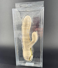 silicone thrusting vibrator from velvet thruster show in transparent clear product carton